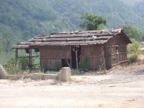 Example of a wood house (frame, sides, and roof).